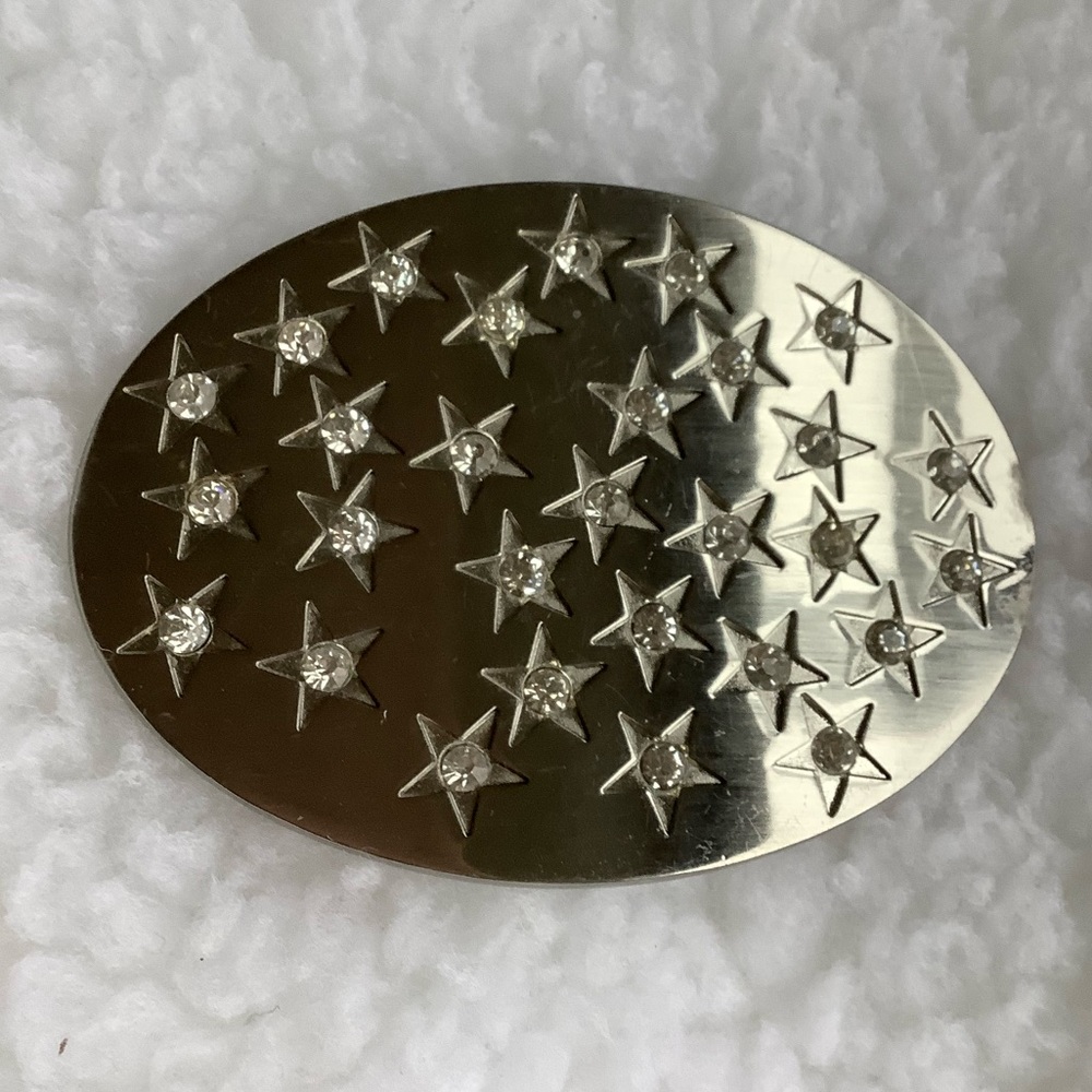 Silver Toned Star-Studded Oval Belt Buckle Made in Italy.